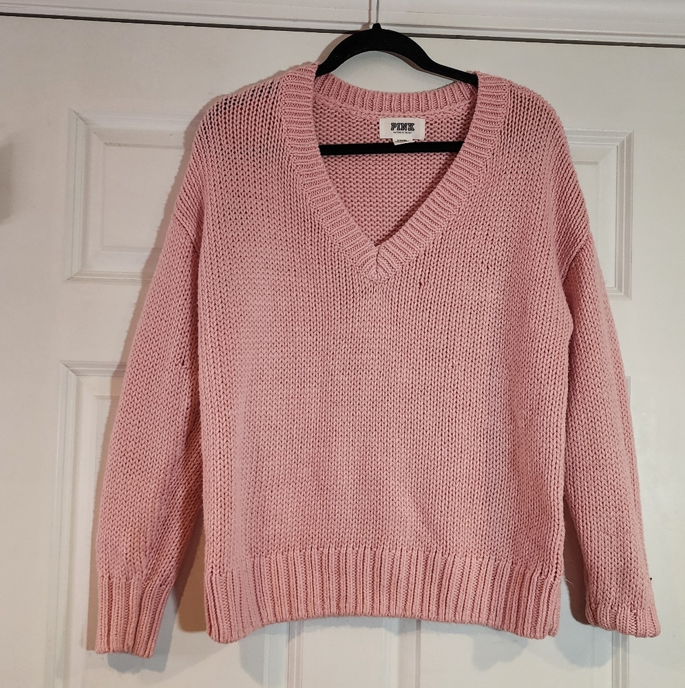 PINK Victorias Secret Pink Knit V Neck Sweater M Has A Couple Small Pulls